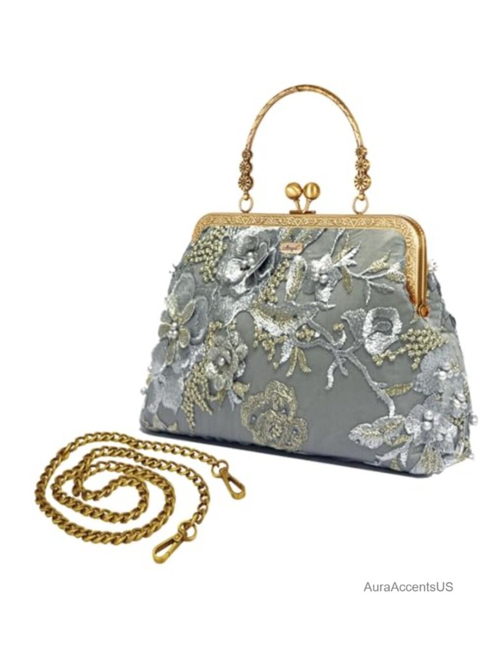 Vintage Floral Embroidered Kiss Lock Clutch Evening Bag Chain Strap Women